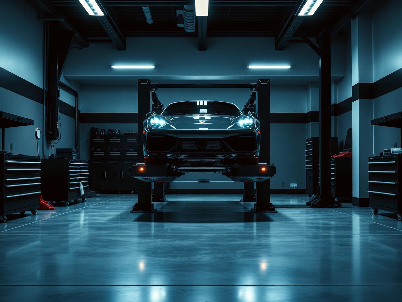 Modern garage interior with a luxury car on a hydraulic lift