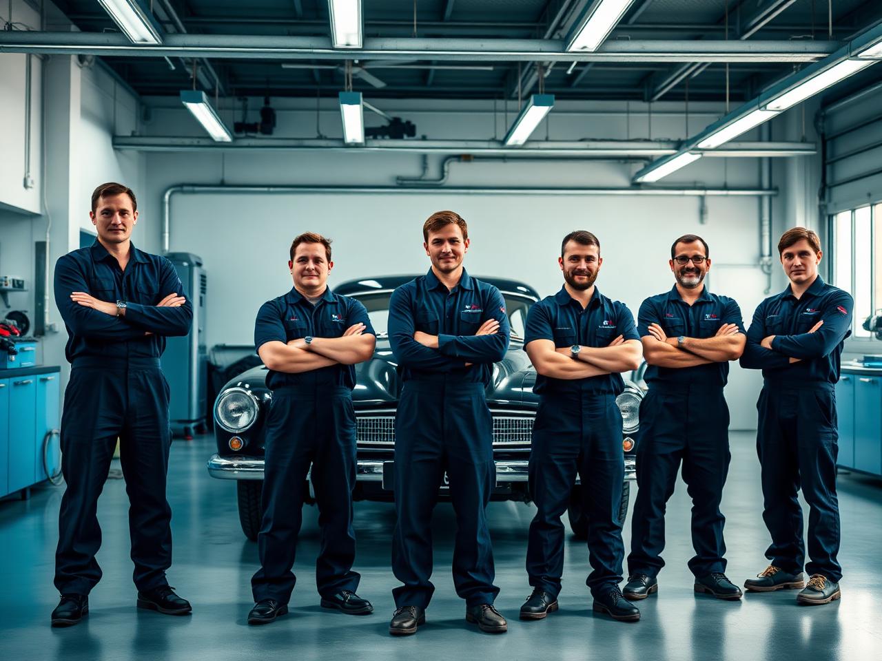 Team of mechanics in the Hartwell Motors workshop